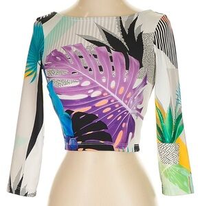 Bebe Y2K Tropical Leaf Floral Crop Performance Long Sleeve Top Size XS